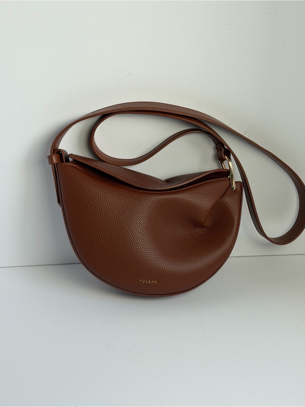 Polene Tonca Shoulder Bag Womens Cognac Brown Textured Leather Gold